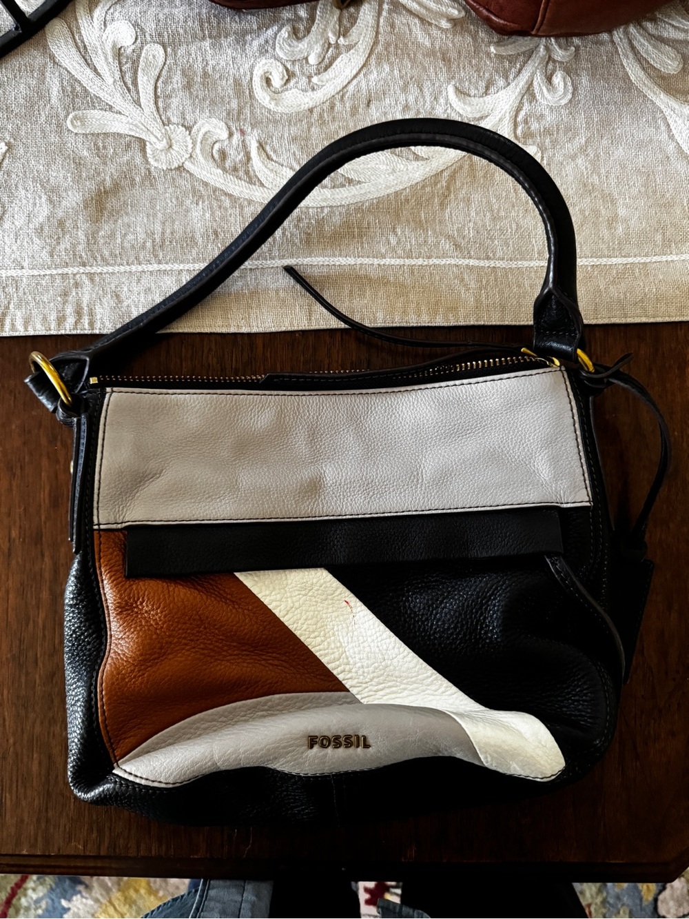 Fossil Black, Brown, White, Cream Colorblock Leather Shoulder Bag
